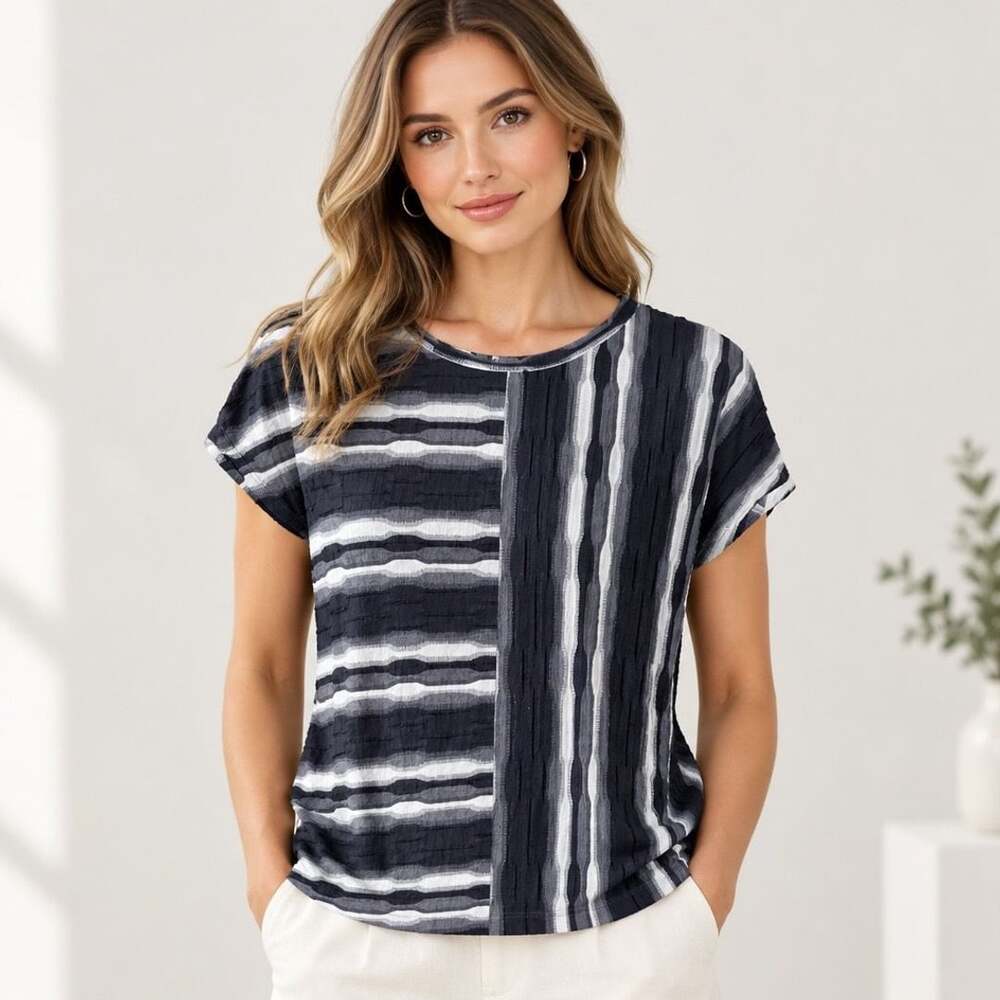 Chico's Blue Textured Striped Cap Sleeve Blouse Top Size 2